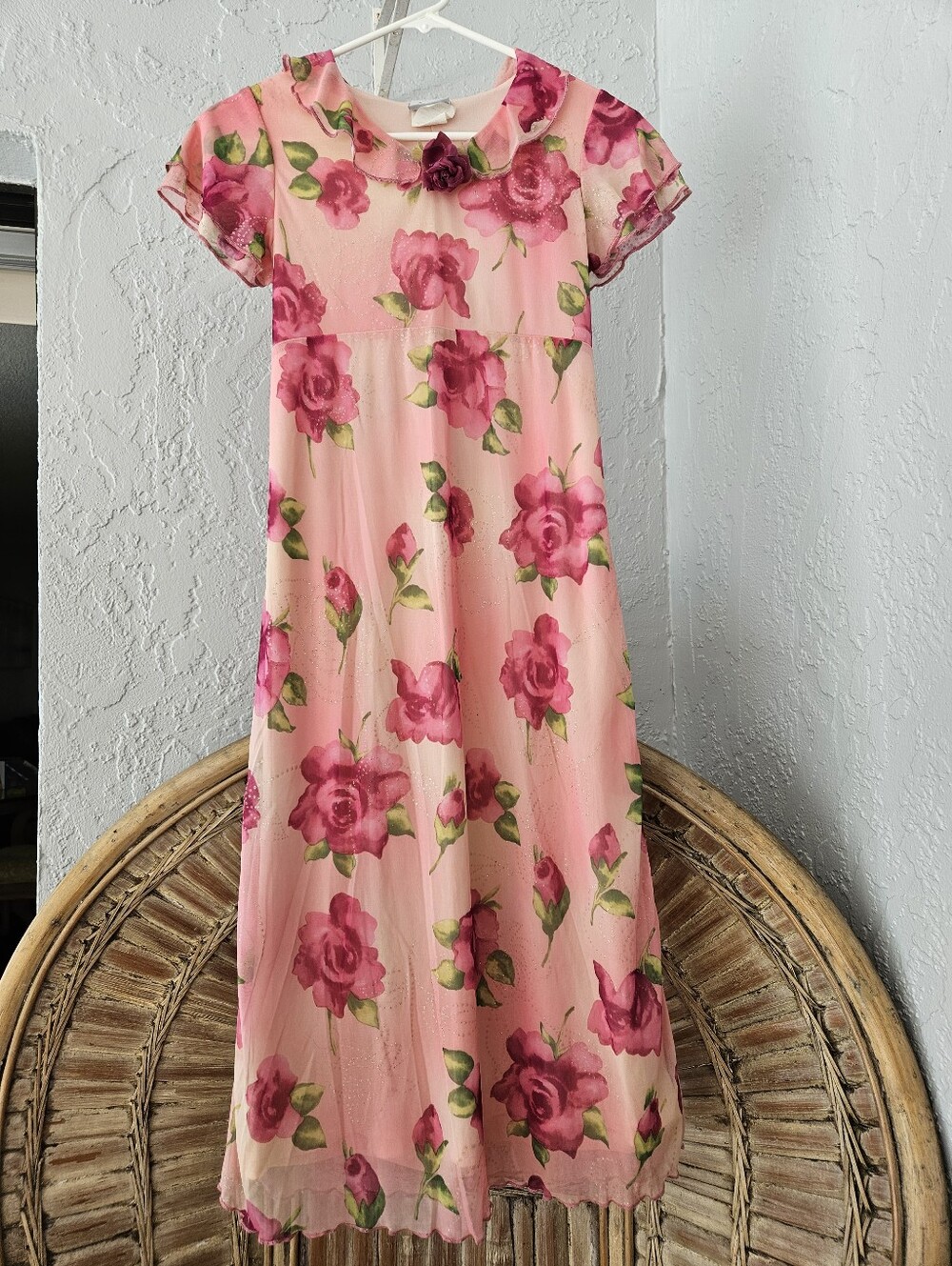 Vtg Expressions Girl Kid 12 Floral Y2k Dress Chiffon Mesh Glitter
